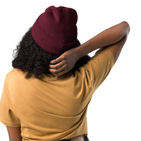 Female model close-up of back Renamed Beanie in Burgundy.