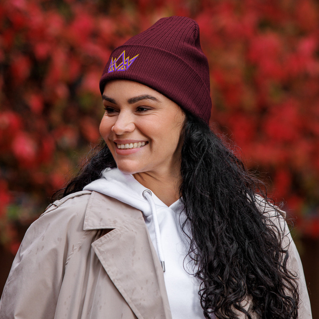 Burgundy Christian beanie – angled front view with royal crown embroidery