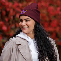 Burgundy Christian beanie – angled front view with royal crown embroidery