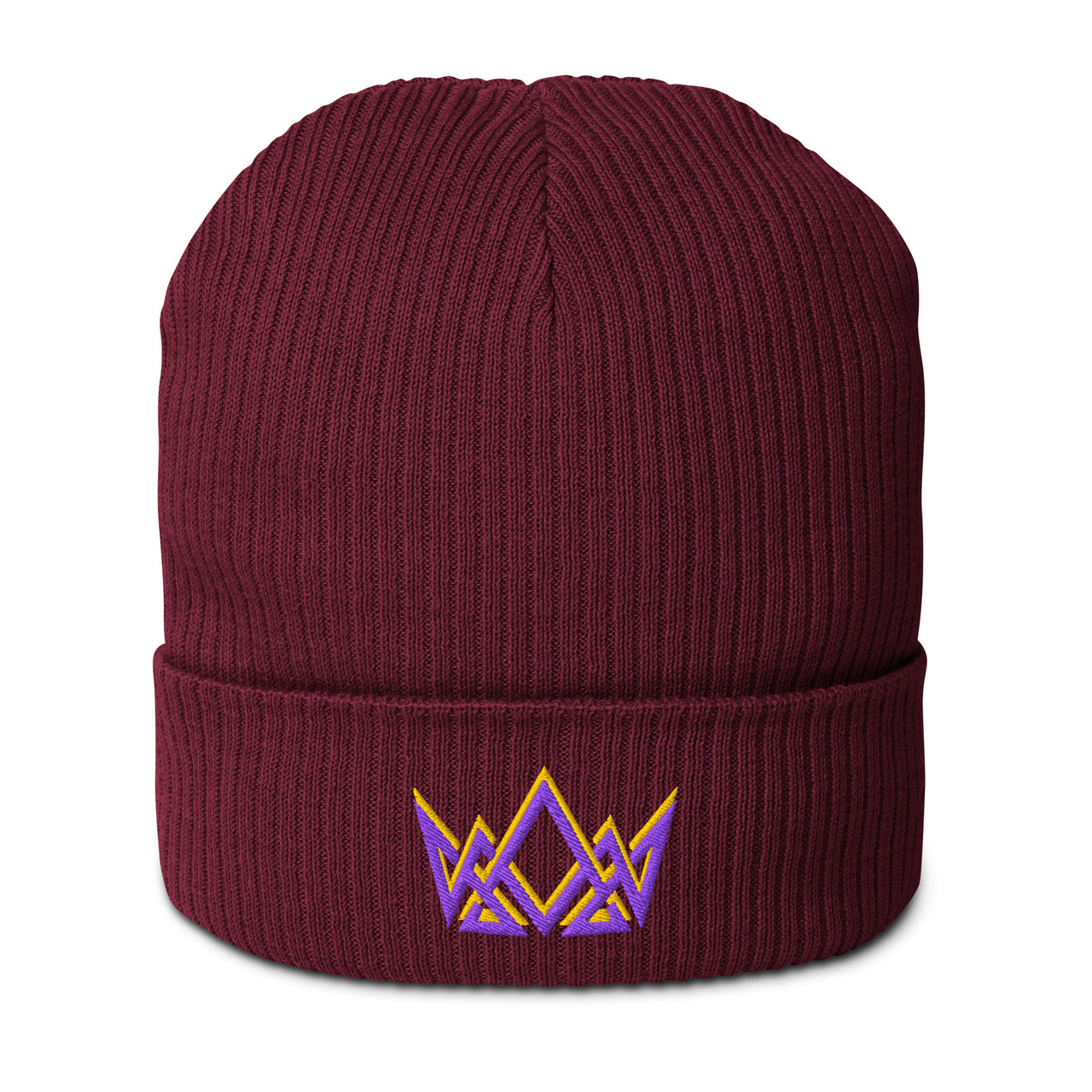 Burgundy Royalty beanie – embroidered gold and purple crown emblem on cuffed front