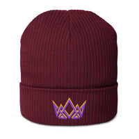 Burgundy Royalty beanie – embroidered gold and purple crown emblem on cuffed front