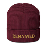 Renamed Organic Ribbed Beanie flat lay in Burgundy, Old Gold embroidery