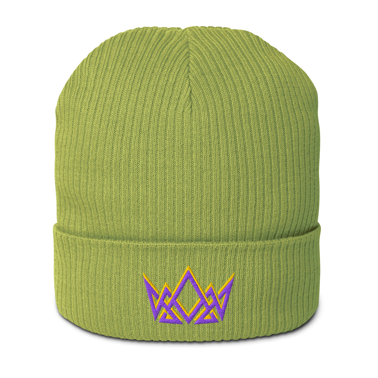 Leaf green Christian beanie – embroidered crown in royal purple and gold