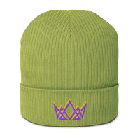 Leaf green Christian beanie – embroidered crown in royal purple and gold