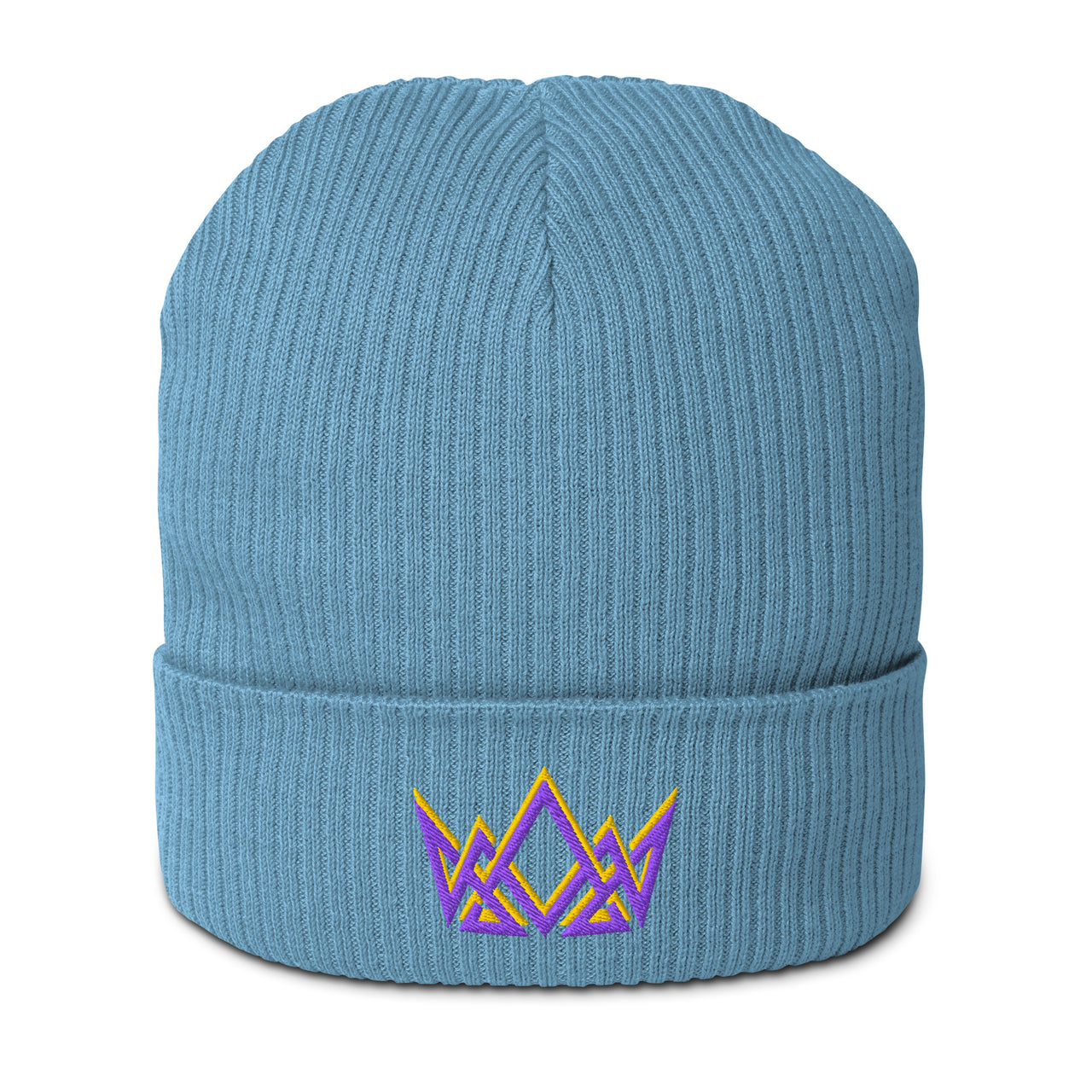 Light blue Royalty beanie – stitched crown design in purple and gold embroidery