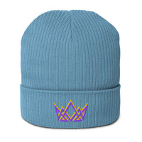 Light blue Royalty beanie – stitched crown design in purple and gold embroidery