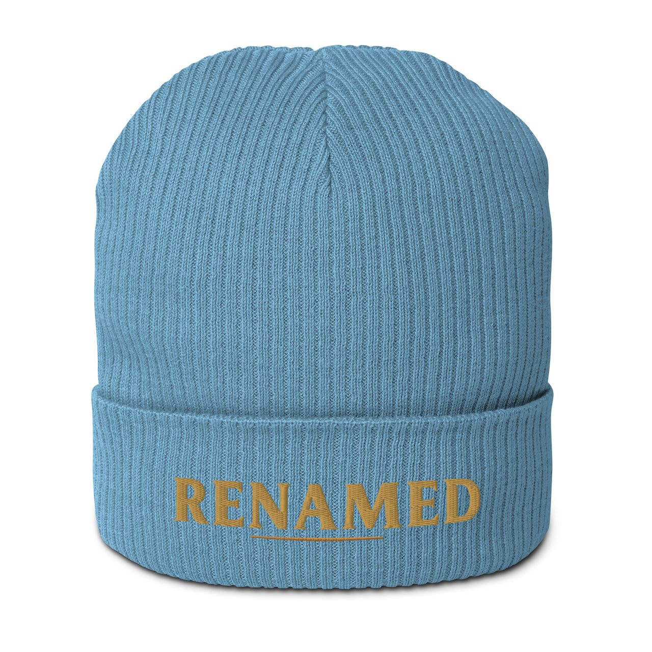 Renamed Organic Ribbed Beanie flat lay in Light Blue, Old Gold embroidery