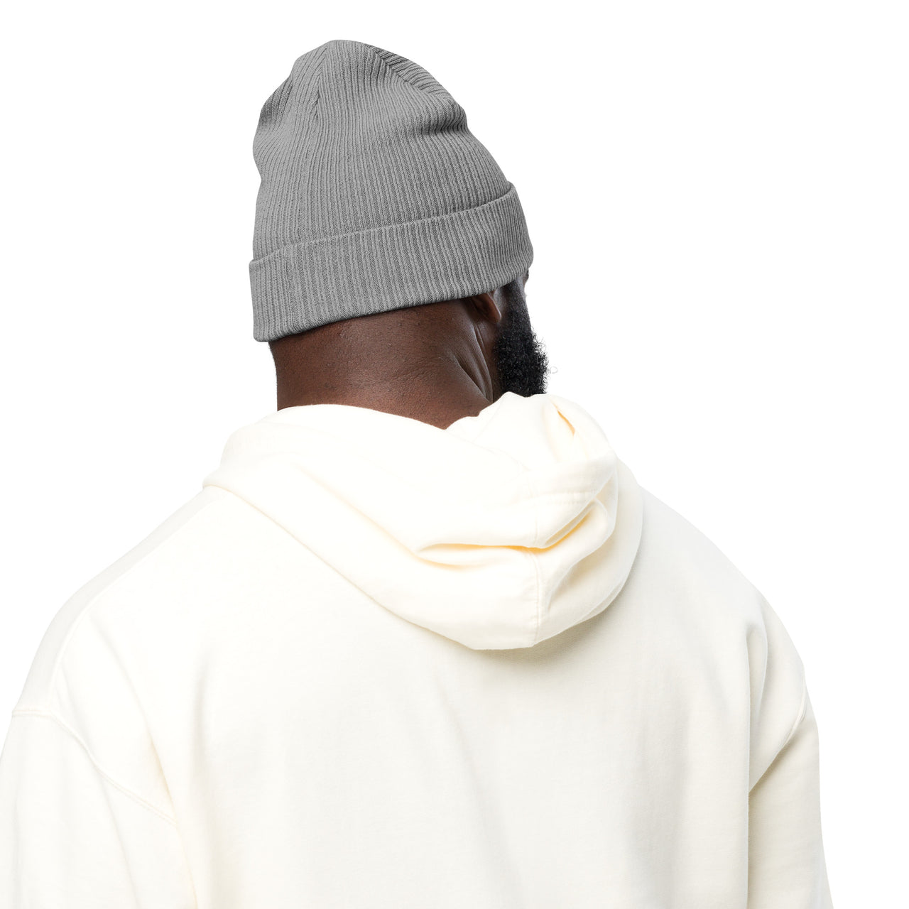 Light grey Christian beanie – rear view with cuffed edge and no back design