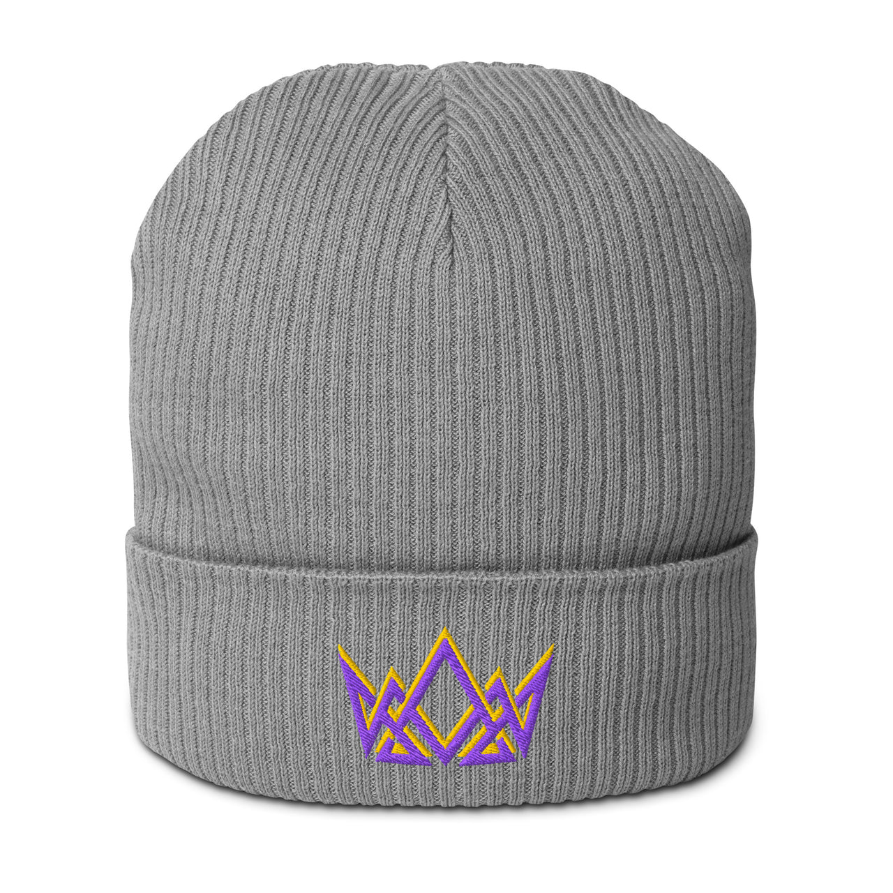 Light grey Christian beanie – embroidered geometric crown in purple and gold thread