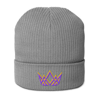 Light grey Christian beanie – embroidered geometric crown in purple and gold thread
