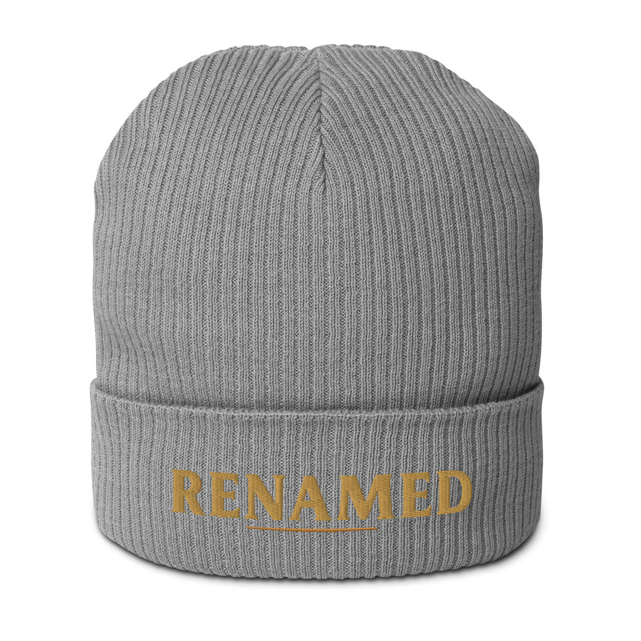 Renamed Organic Ribbed Beanie flat lay in Grey, Old Gold embroidery