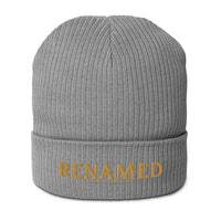 Renamed Organic Ribbed Beanie flat lay in Grey, Old Gold embroidery
