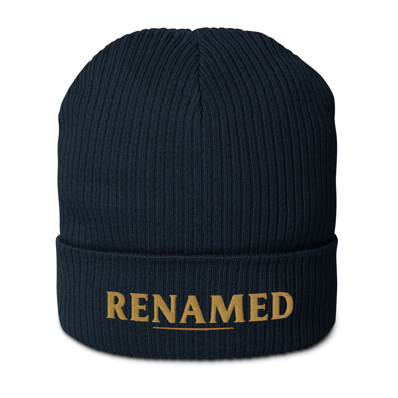 Renamed Organic Ribbed Beanie flat lay in Navy, Old Gold embroidery