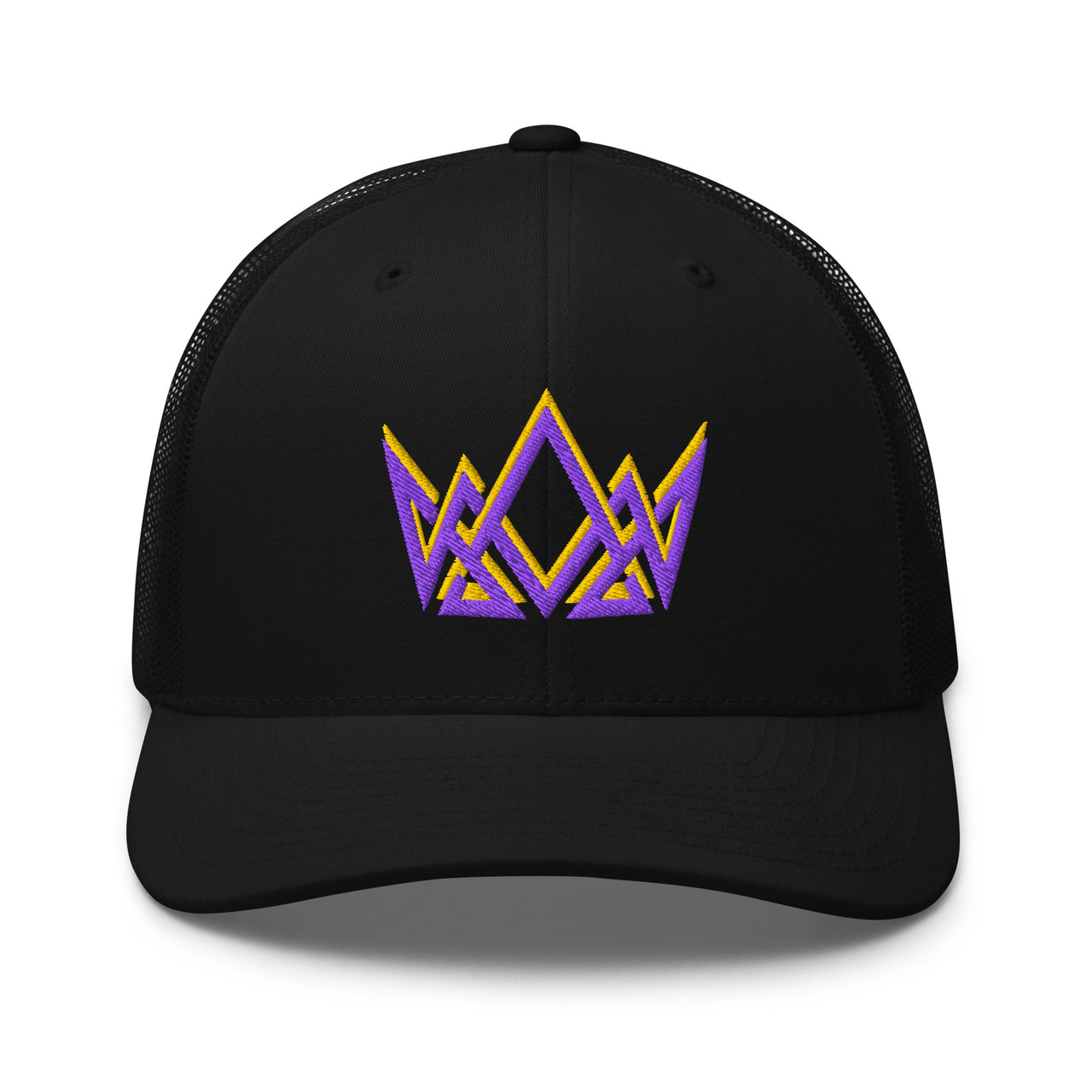 Black Royalty embroidered Christian trucker hat – geometric crown in purple and gold thread