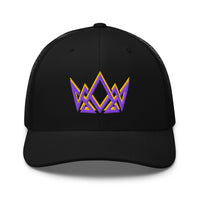 Black Royalty embroidered Christian trucker hat – geometric crown in purple and gold thread
