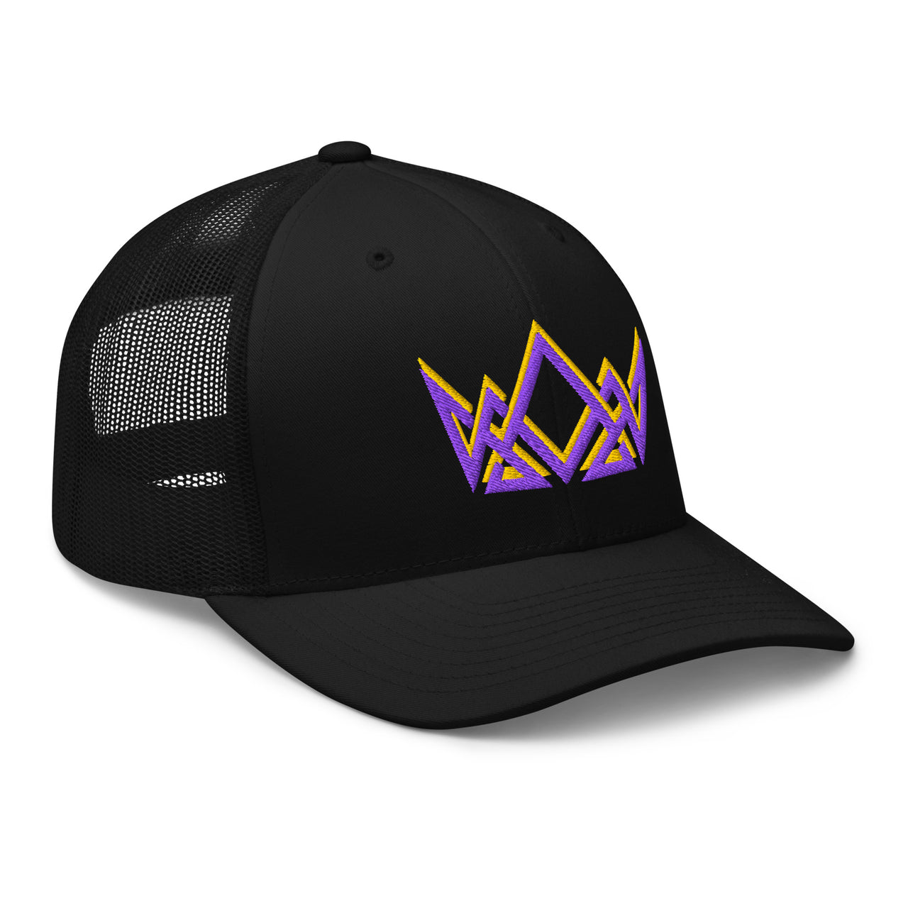 Black Christian trucker cap – angled crown logo in royal purple and gold embroidery