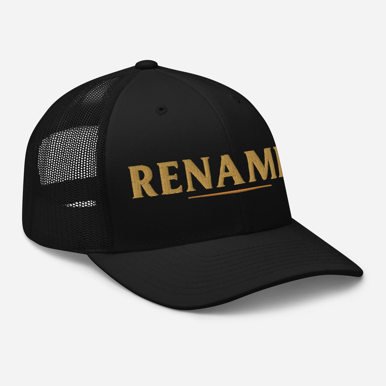 Renamed Trucker Cap Black flat lay mockup, right front embroidery in Old Gold