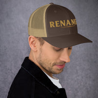 Male model wearing Renamed Trucker Cap in Brown/Khaki, front embroidery close-up (right front position)