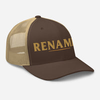 Renamed Trucker Cap Brown/Khaki flat lay mockup, right front embroidery in Old Gold