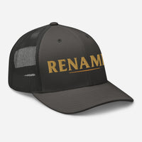 Renamed Trucker Cap Charcoal flat lay mockup, right front embroidery in Old Gold
