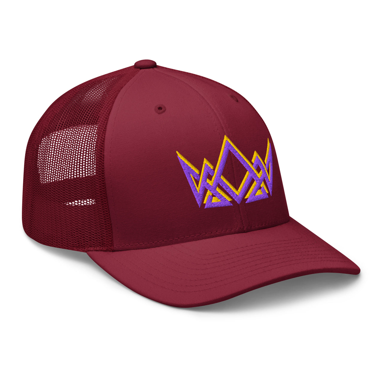 Cranberry Christian trucker hat – right angled view with bold stitched gold and purple crown logo