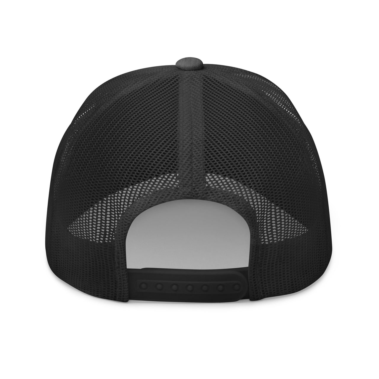 Dark heather grey Royalty trucker hat – rear mesh and snap closure in tonal finish