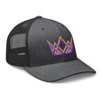 Dark heather grey Christian trucker hat – angled embroidery view with purple/gold crown