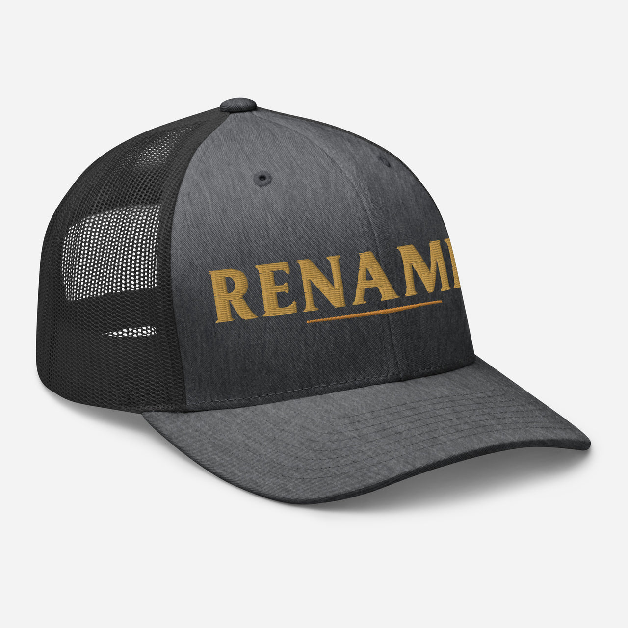 Renamed Trucker Cap Dark Heather Grey flat lay mockup, right front embroidery in Old Gold