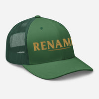 Renamed Trucker Cap Evergreen flat lay mockup, right front embroidery in Old Gold