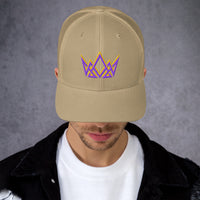 Man wearing khaki Royalty embroidered trucker hat – geometric purple and gold crown design