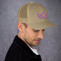 Man in khaki Christian trucker hat – angled front view showing embroidered crown logo in purple and gold