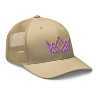 Khaki Royalty trucker cap – angled front view with stitched purple and gold geometric crown
