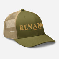 Renamed Trucker Cap Moss/Khaki flat lay mockup, right front embroidery in Old Gold