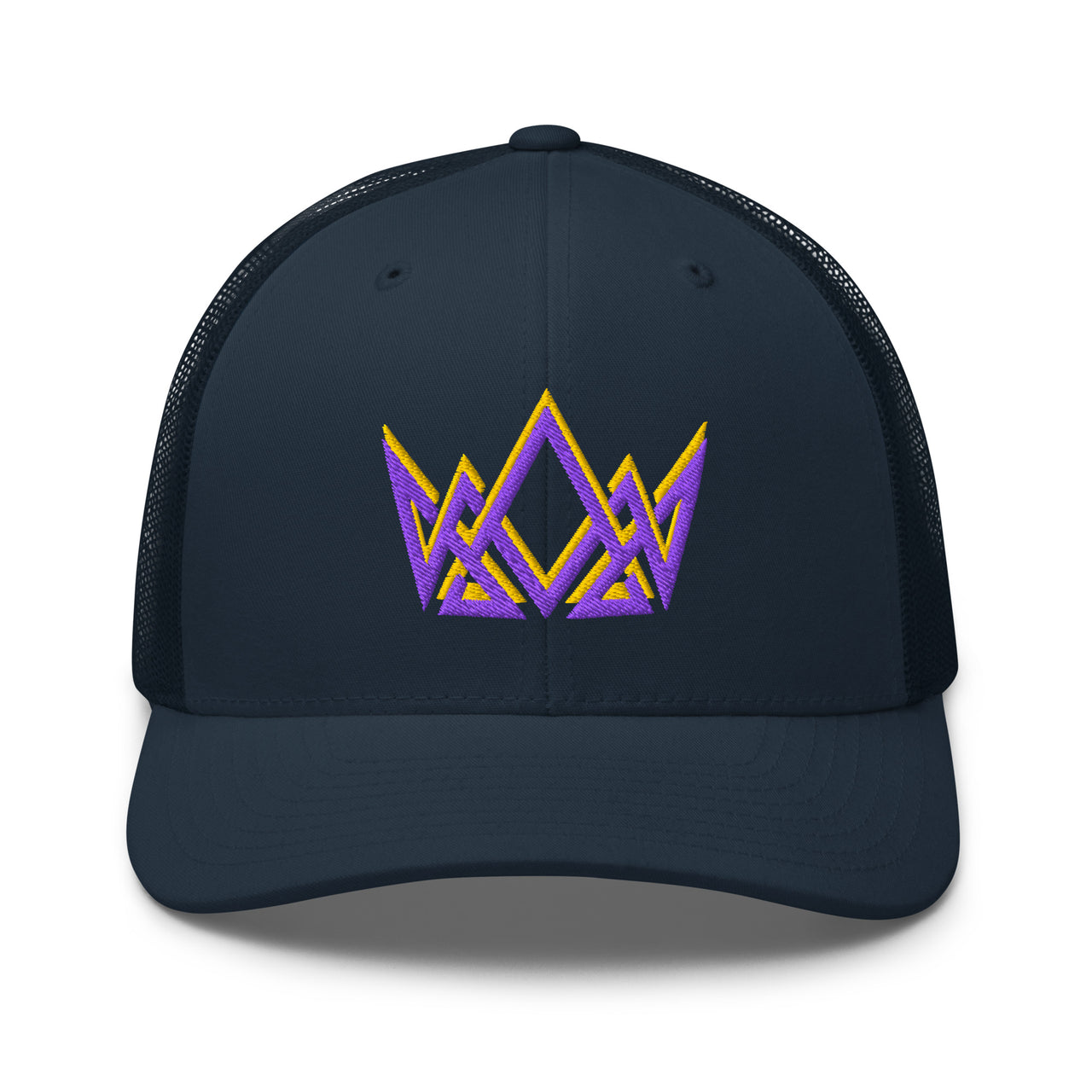 Navy blue Christian trucker cap – stitched gold and purple crown logo representing royal identity