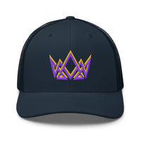 Navy blue Christian trucker cap – stitched gold and purple crown logo representing royal identity