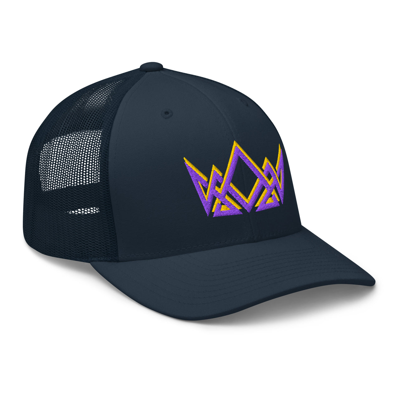 Navy Royalty trucker hat – right front view with embroidered crown in purple and gold