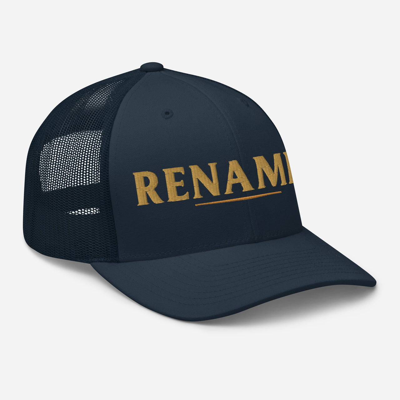 Renamed Trucker Cap Navy flat lay mockup, right front embroidery in Old Gold