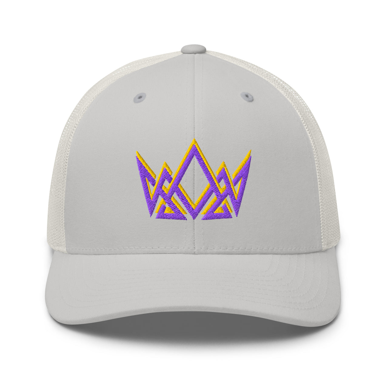 Silver trucker hat with embroidered Christian crown – purple and gold stitching symbolizing 1 Peter 2:9