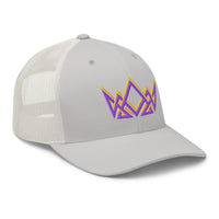 Silver Royalty trucker cap – angled side view with gold and purple stitched crown emblem