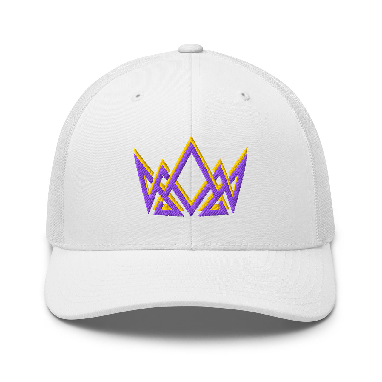 White Royalty trucker cap – embroidered purple and gold geometric crown emblem