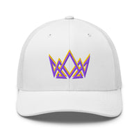 White Royalty trucker cap – embroidered purple and gold geometric crown emblem