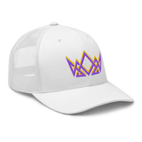 White Christian trucker hat – angled front crown embroidery in gold and purple thread
