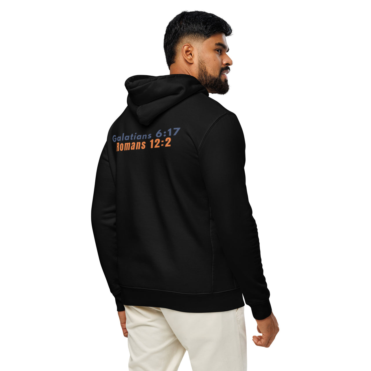 Marked & Chosen black Christian back of hoodie male model – organic cotton faith apparel with bold logo and scripture