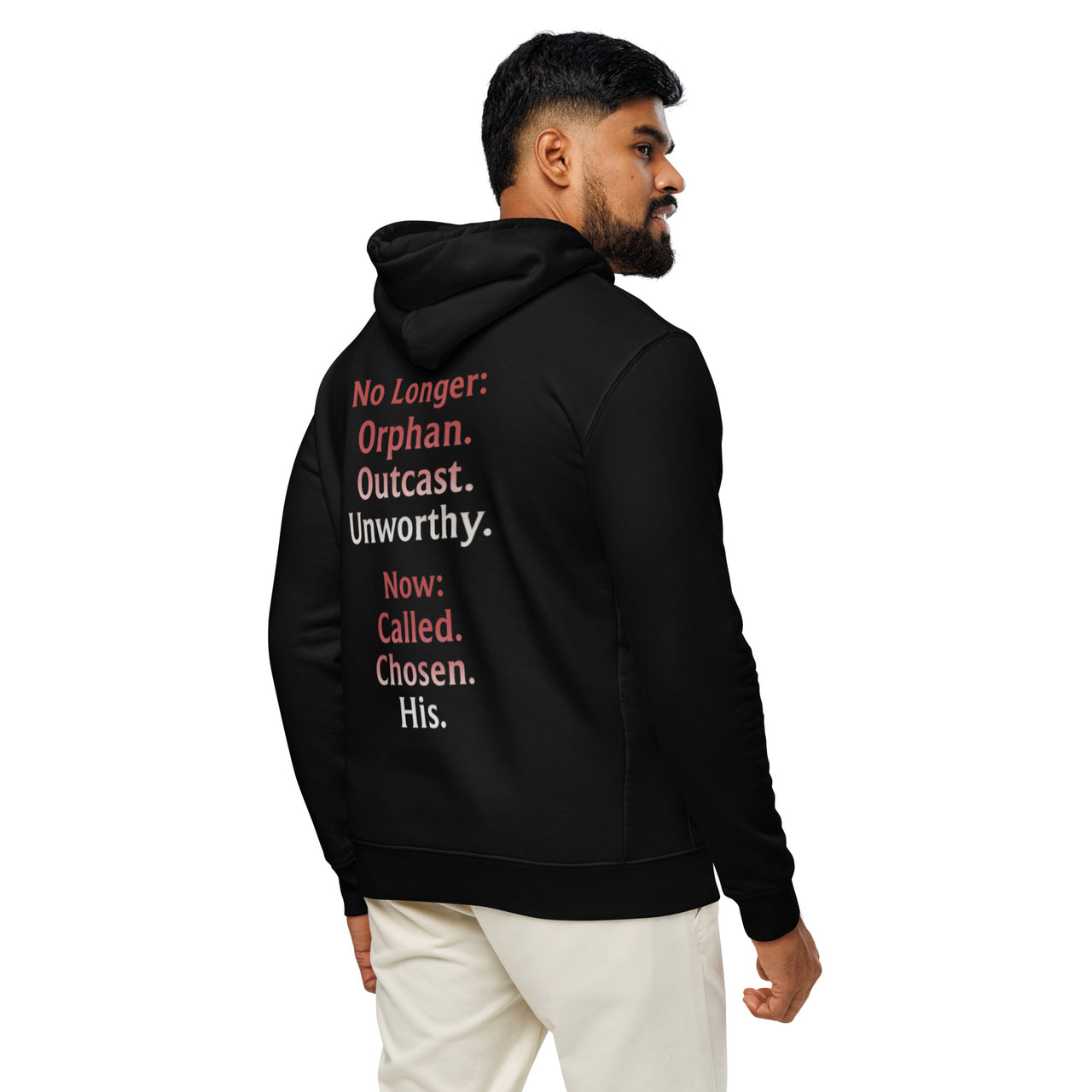 Male model wearing Renamed Hoodie in Black, back word stack design