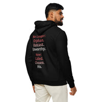 Male model wearing Renamed Hoodie in Black, back word stack design