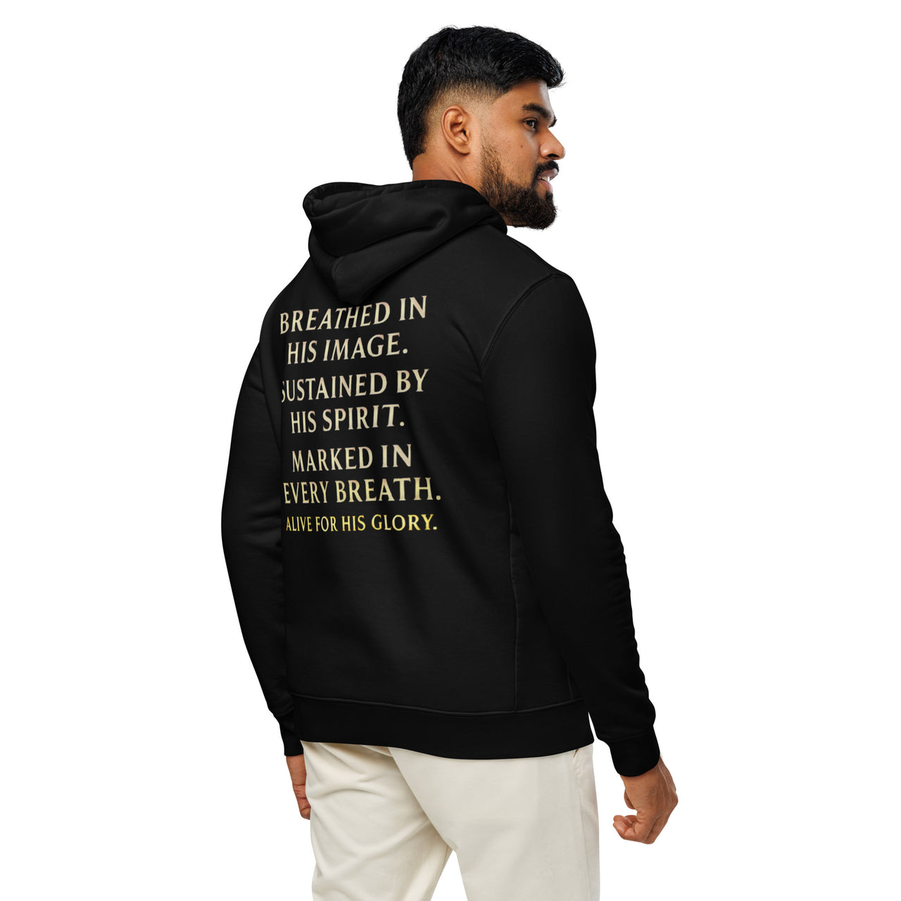 Male model wearing My Breath Bears His Name Hoodie in Black, back word stack design