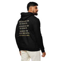 Male model wearing My Breath Bears His Name Hoodie in Black, back word stack design
