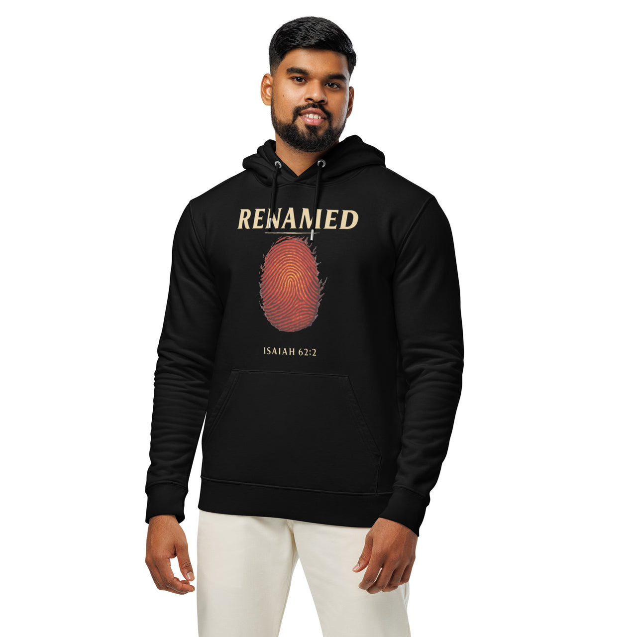 Male model wearing Renamed Hoodie in Black, front fingerprint design