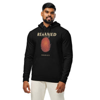 Male model wearing Renamed Hoodie in Black, front fingerprint design