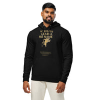 Male model wearing My Breath Bears His Name Hoodie in Black, front glowing breath silhouette design